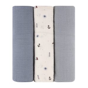 Ely's & Co 3 Pack Cotton Muslin Swaddle Blanket - Nautical Blue