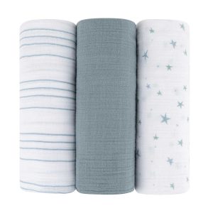 Ely's & Co 3 Pack Cotton Muslin Swaddle Blanket - Blue star