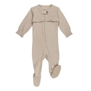 Organic Smocked Zipper Footie in Oatmeal Dots